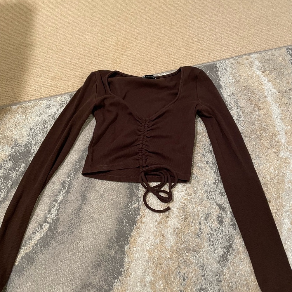 Brown Zara cropped long sleeve with tie in the front